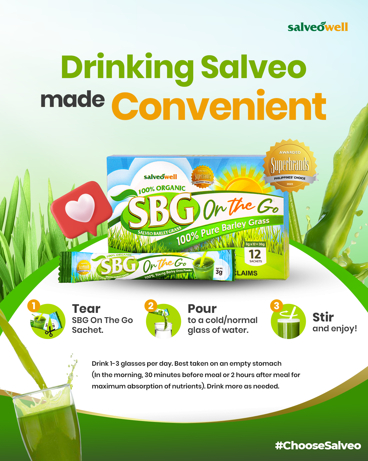 SALVEO BARLEY GRASS POWDER ON THE GO Original & Organic - 12 Sachets FDA APPROVED