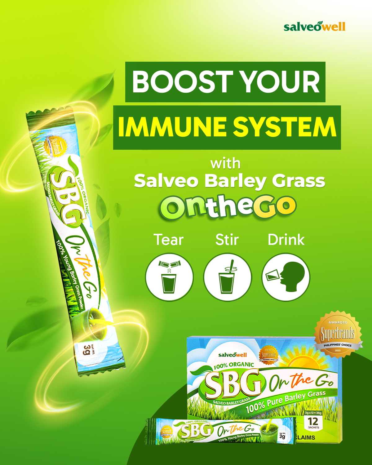 SALVEO BARLEY GRASS POWDER ON THE GO Original & Organic - 12 Sachets FDA APPROVED