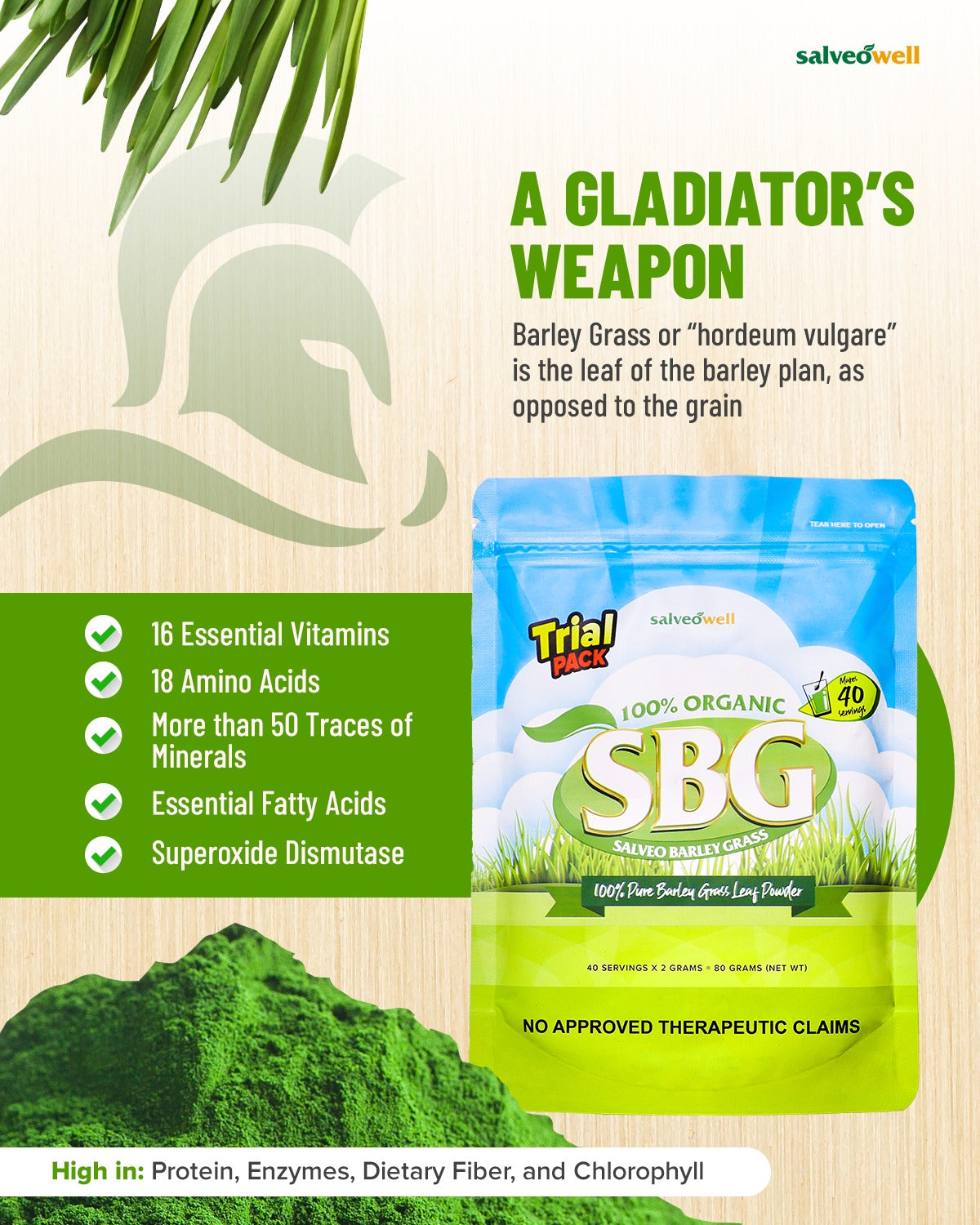 SALVEO PURE ORGANIC BARLEY GRASS  TRIAL PACK Authentic Made in Australia FDA Approved 80 grams = 40 servings