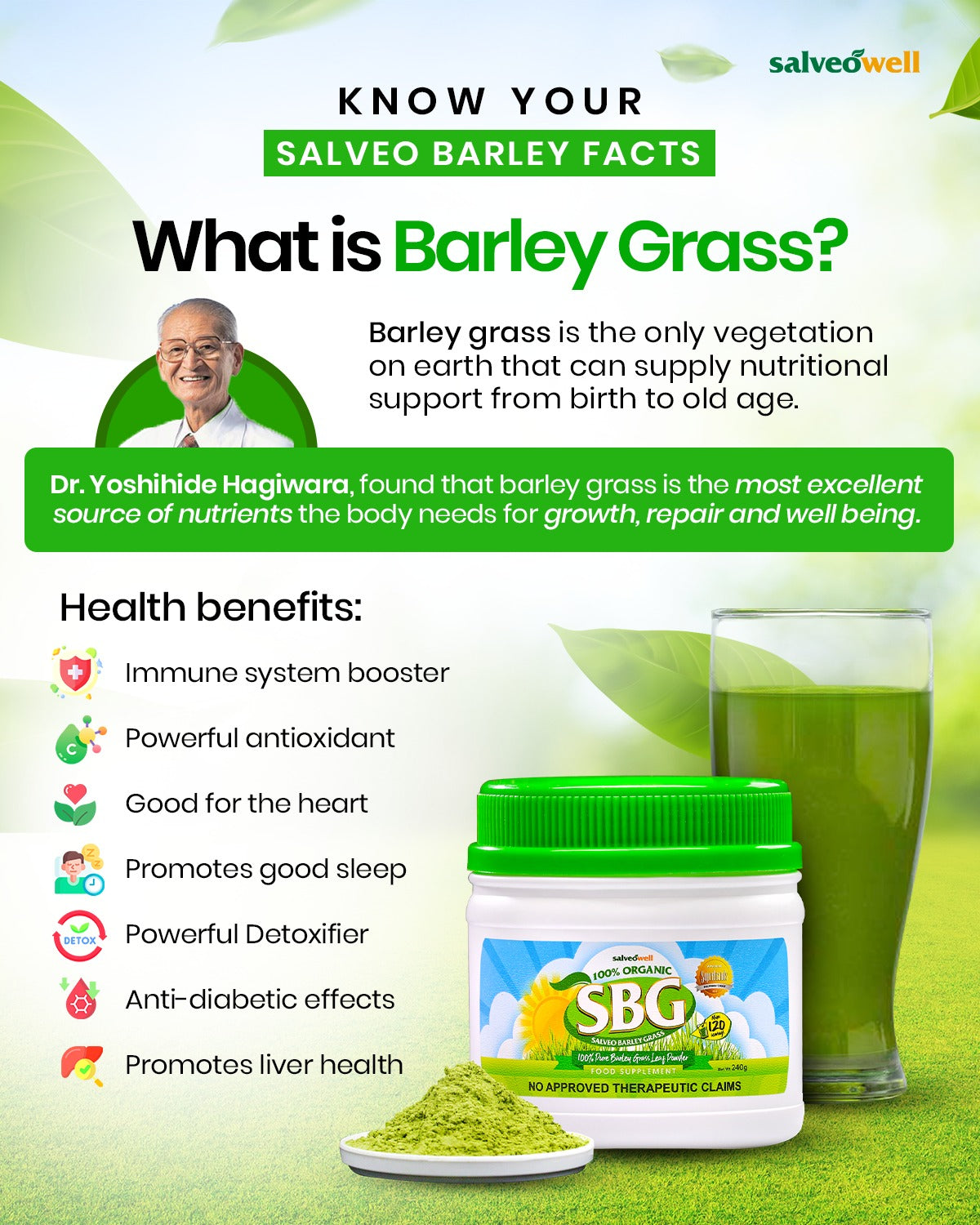 SALVEO BARLEY GRASS JAR POWDER 240g =120 Servings made in Australia FDA Approved Free Scoop | FREE SHIPPING